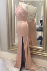 Blush Halter Mermaid Long Evening Dress